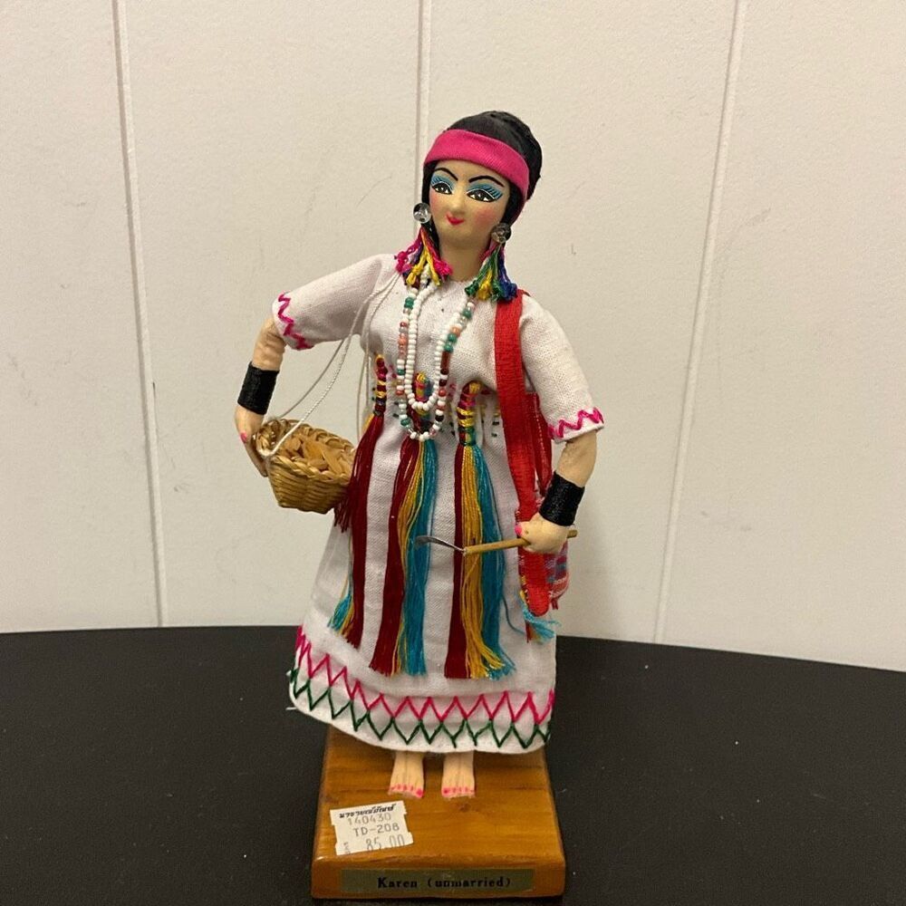 Vintage Handmade Folk Art Doll From Central America Honduras 9" Tall With Stand